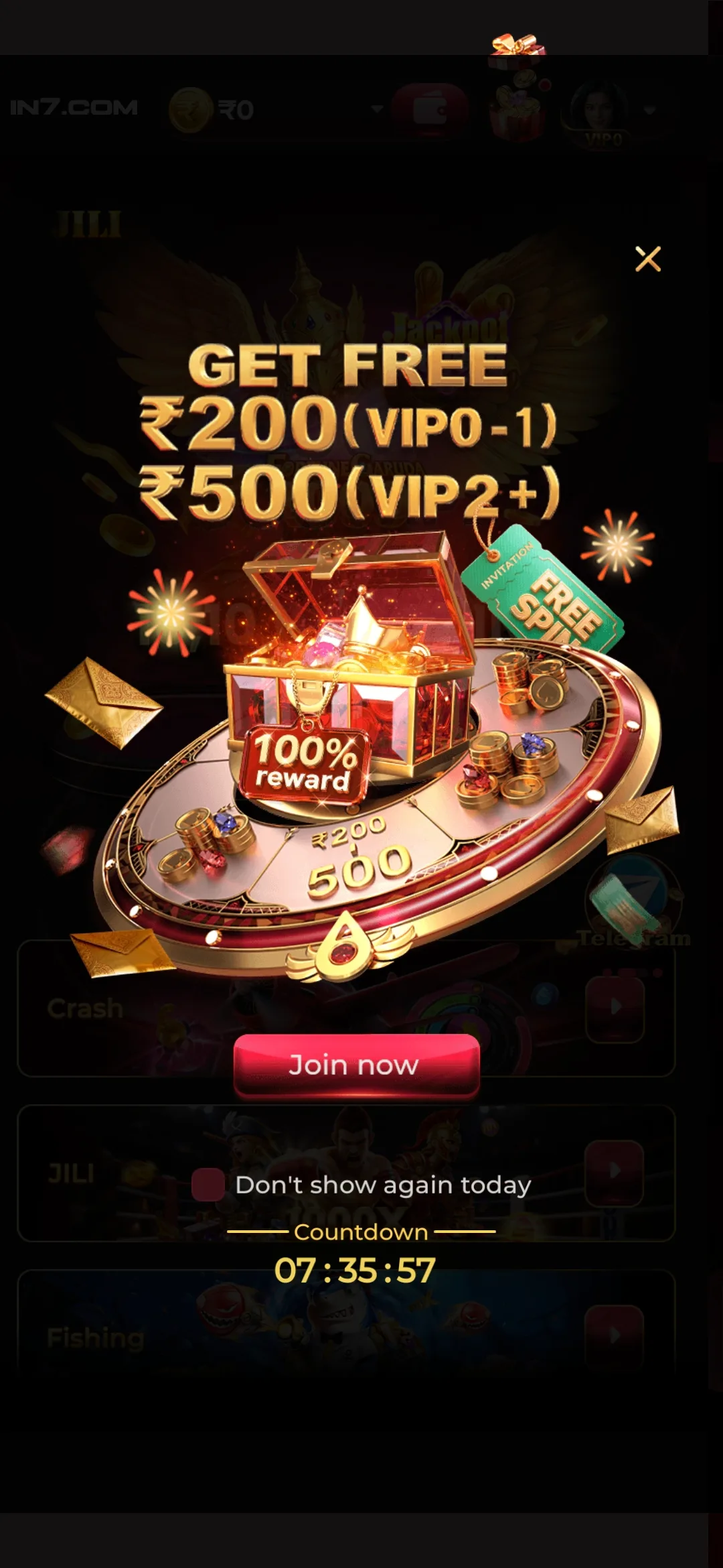 IN7 app screenshot showing the casino home screen