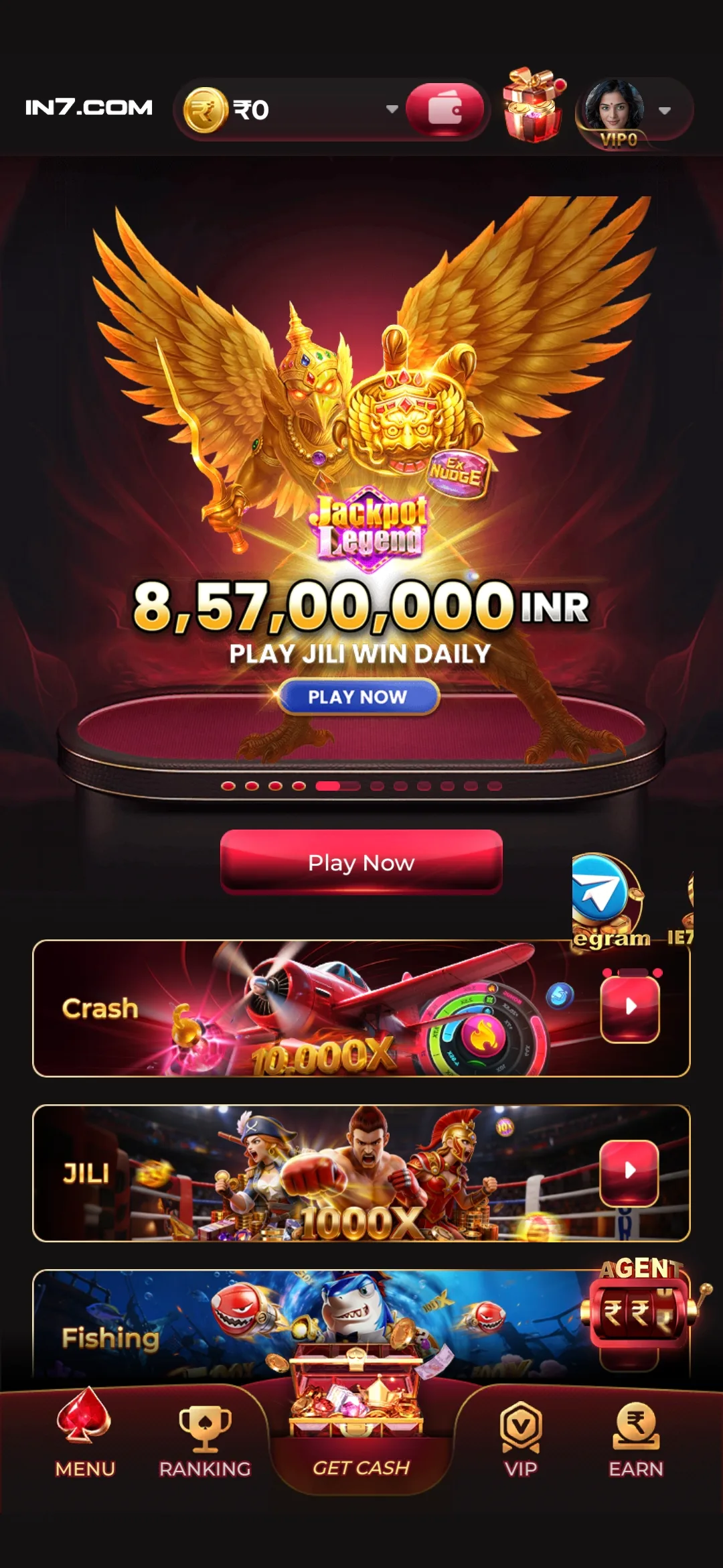 IN7 app screenshot showing available casino games