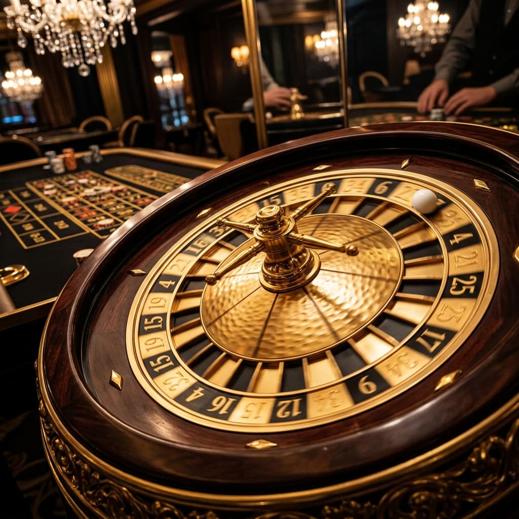 Casino roulette wheel on a dark table